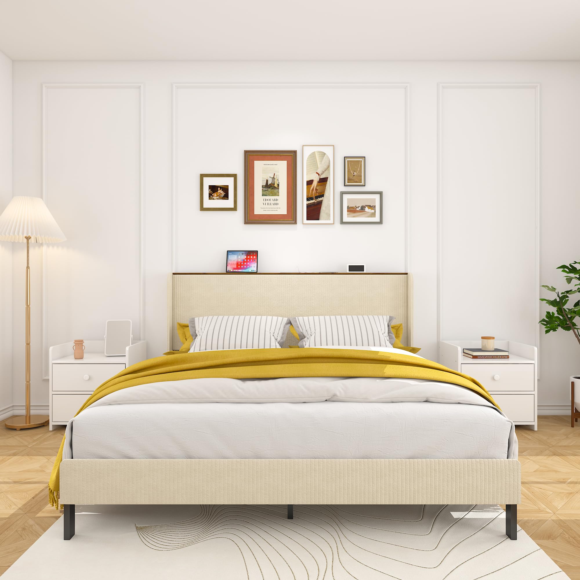 King Size Bed Frame with Storage Headboard Metal Platform Beds Frames with Charging Station Bedframe with Sturdy Metal