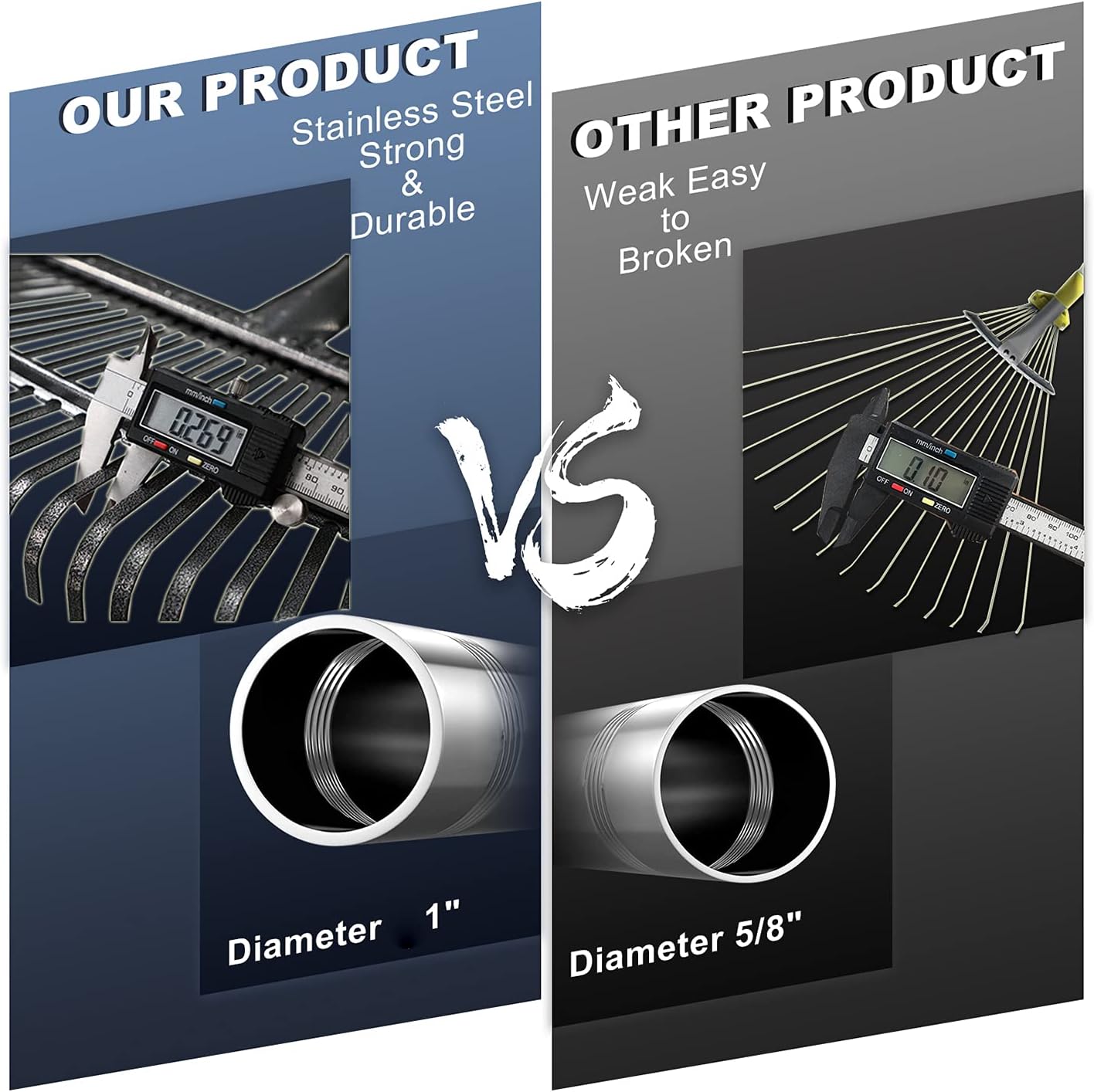 Ihomepark Garden Rake Leaf, 1" Diameter Pole & 6 FT Tall Stainless Steel Heavy Duty Adjustable Long Handle Garden Rake, Use for Yard Garden Lawn and Window Leaves（11Tines） : Patio, Lawn & Garden