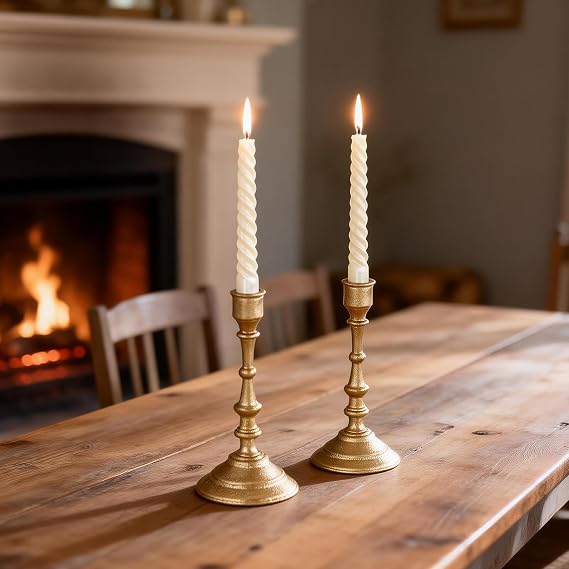 Antique Brass Candle Holders Set of 2 Heavy Duty Cast Iron Candle Stick Holder for Table Centerpiece Home Decor Gift