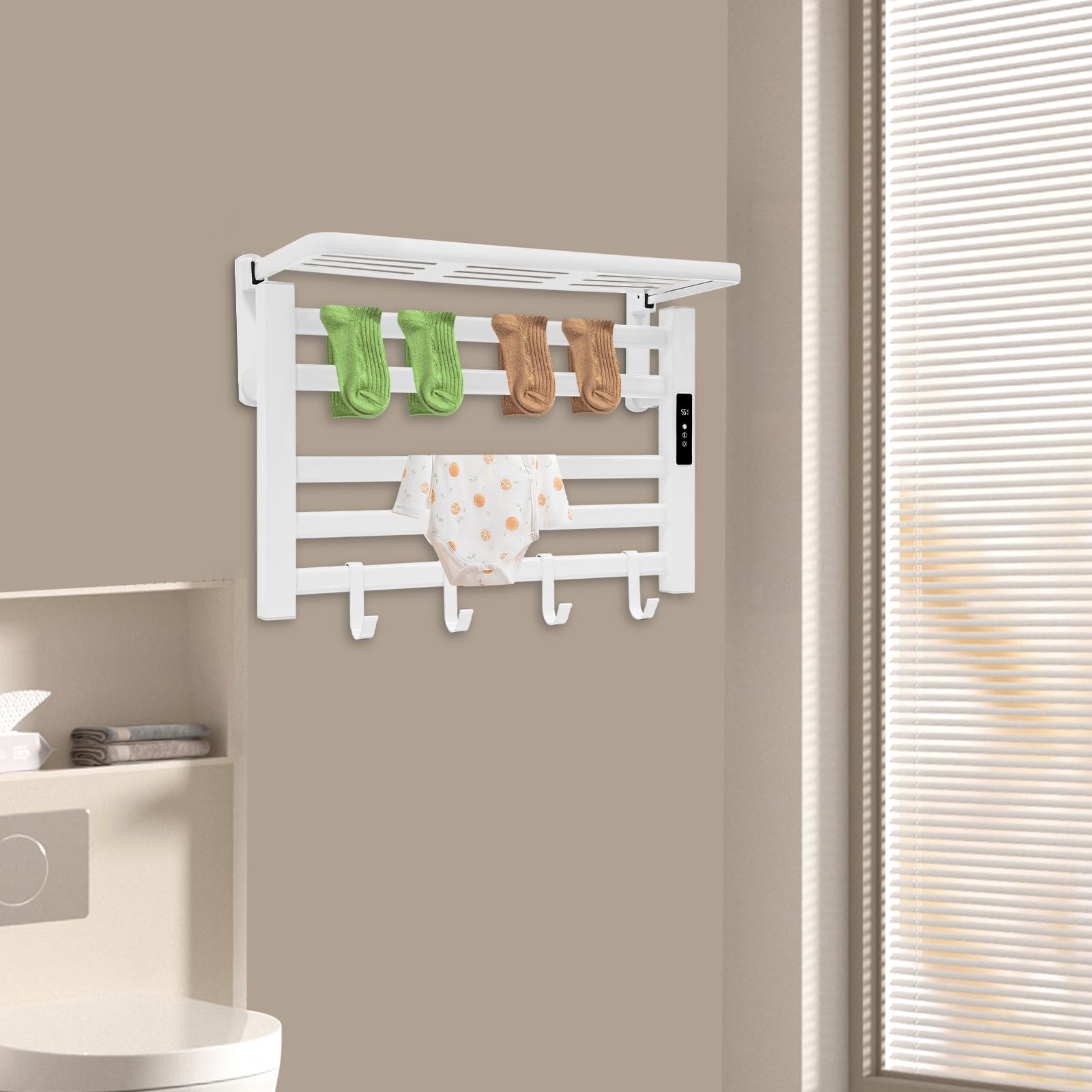 Scaldasalviette a LED, 95 W, 30 – 70 °C, controllo della temperatura, 55 x 40 x 22 cm, portasciugamani elettrico per appartamenti, bagni, balconi, hotel, ville (bianco)