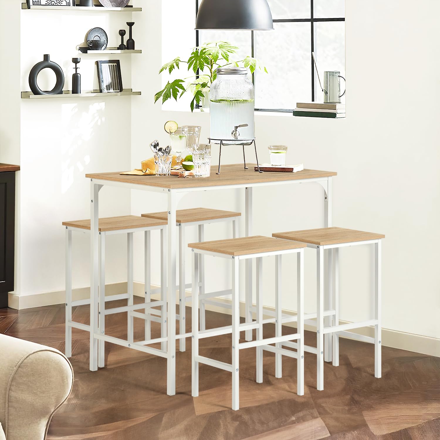 buybyroom Tavolo da bar con sgabello da bar – Set da pranzo con 4 sedie effetto rovere con venature, 100 x 60 x 90 cm