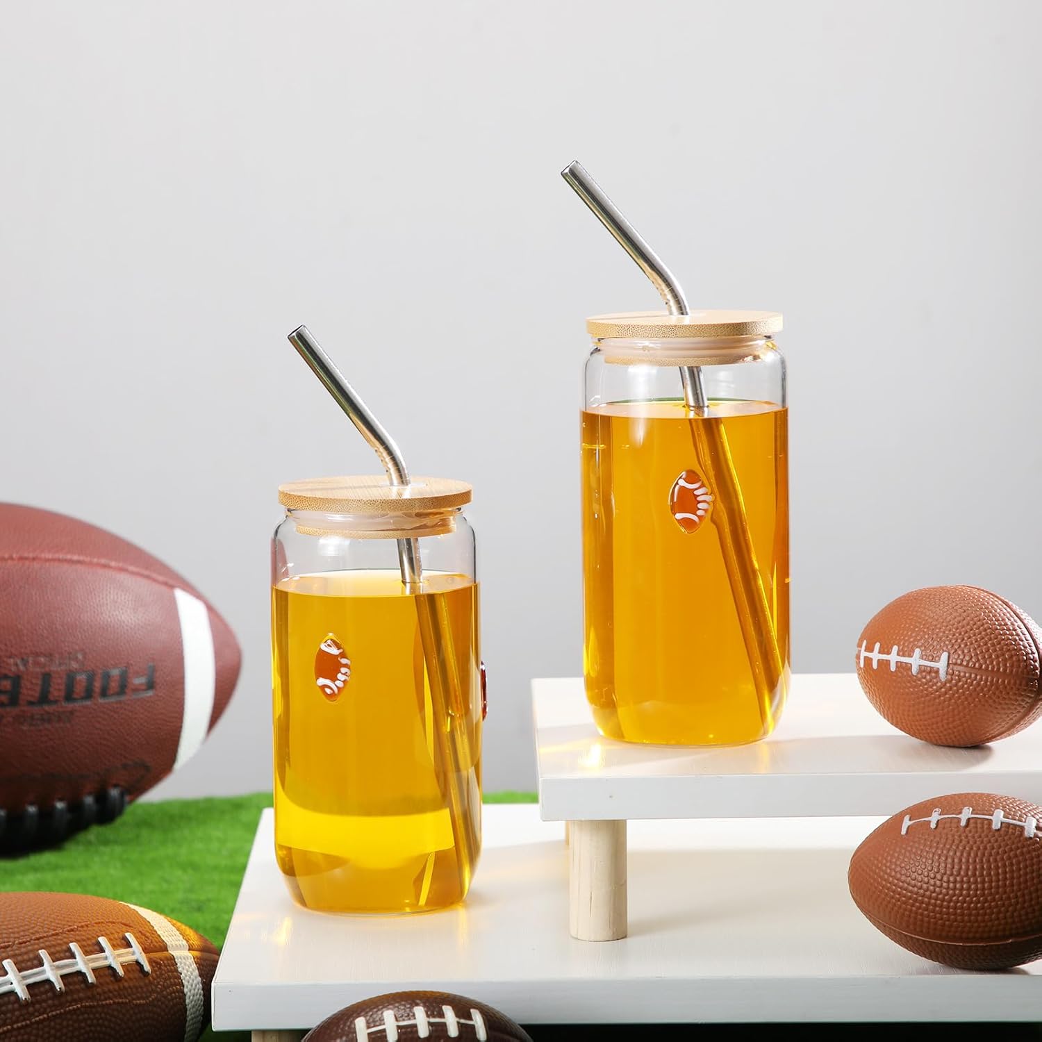 Honeydak Football Party Drinking Glasses - 18 oz Football Icon Juice Glass Tumbler with Lid & Straw Coffee Beer Soda Cocktail Drinking Cup for Game Sport Day Party Supplies Fans Gifts - Image 2