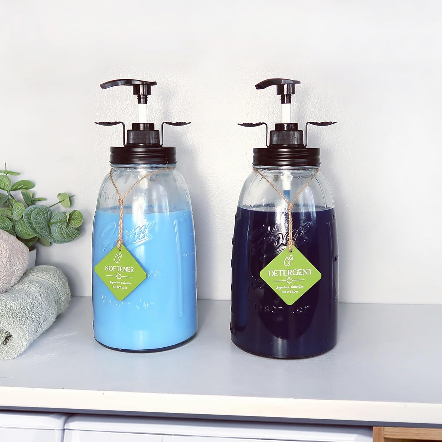 Glass Laundry Detergent Container – Besuerte Large Capacity Liquid Laundry Detergent Dispenser with Refillable & Reusable 2x50oz Mason Jars and Save Effort Pump Aid Handle, Black Cap