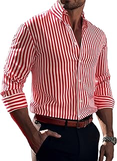 Men's Striped Print Button Front Collared Long Sleeve Shirt Top - Buy now
