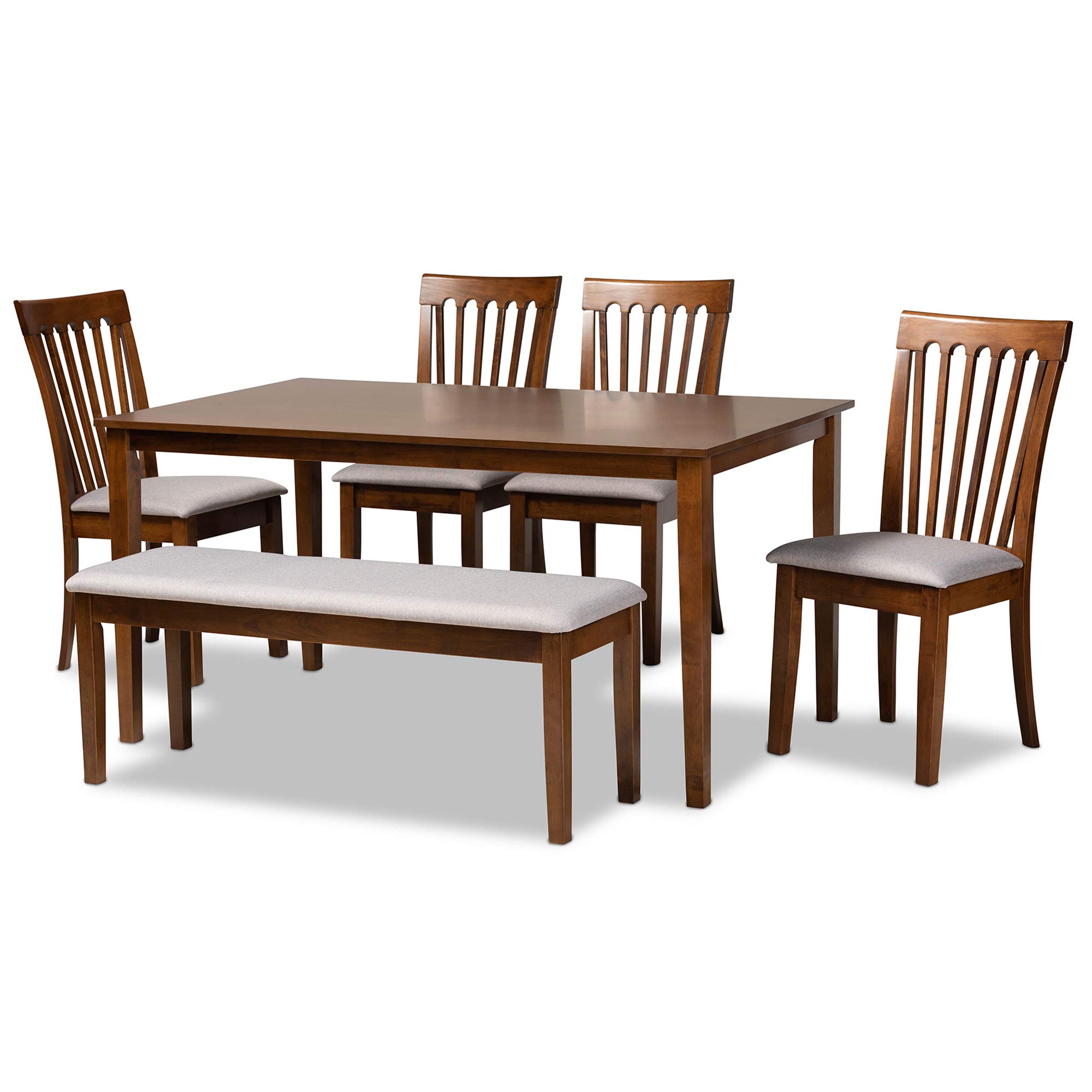 Baxton Studio Minette Dining Set - Grey Fabric Upholstered, Walnut Brown Finished Wood, 6-Piece