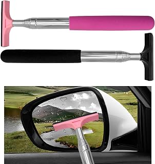 Car Rearview Mirror Wiper, Portable Side Mirror Squeegee Water Cleaner with Retractable Long Rod, Auto Window Squeegee Universal Cleaning Tool for Rainy Foggy Weather (Pink+Black)