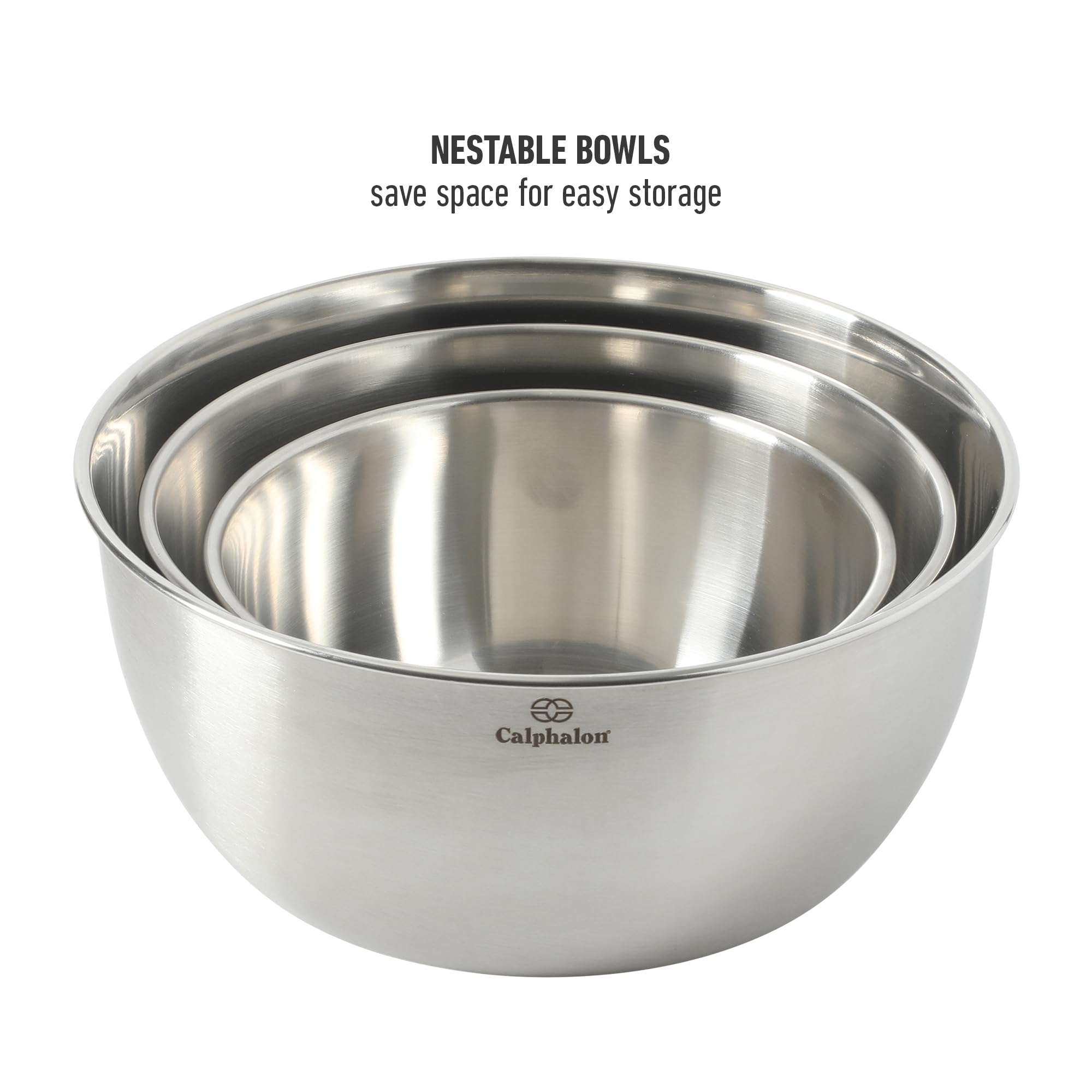 Calphalon Astro Rührschüsseln, 3-teiliges Edelstahl-Rührschüssel-Set mit mattem Finish, verschachtelte Metall-Rührschüsseln für Küche, Backen und Vorbereiten, Silber