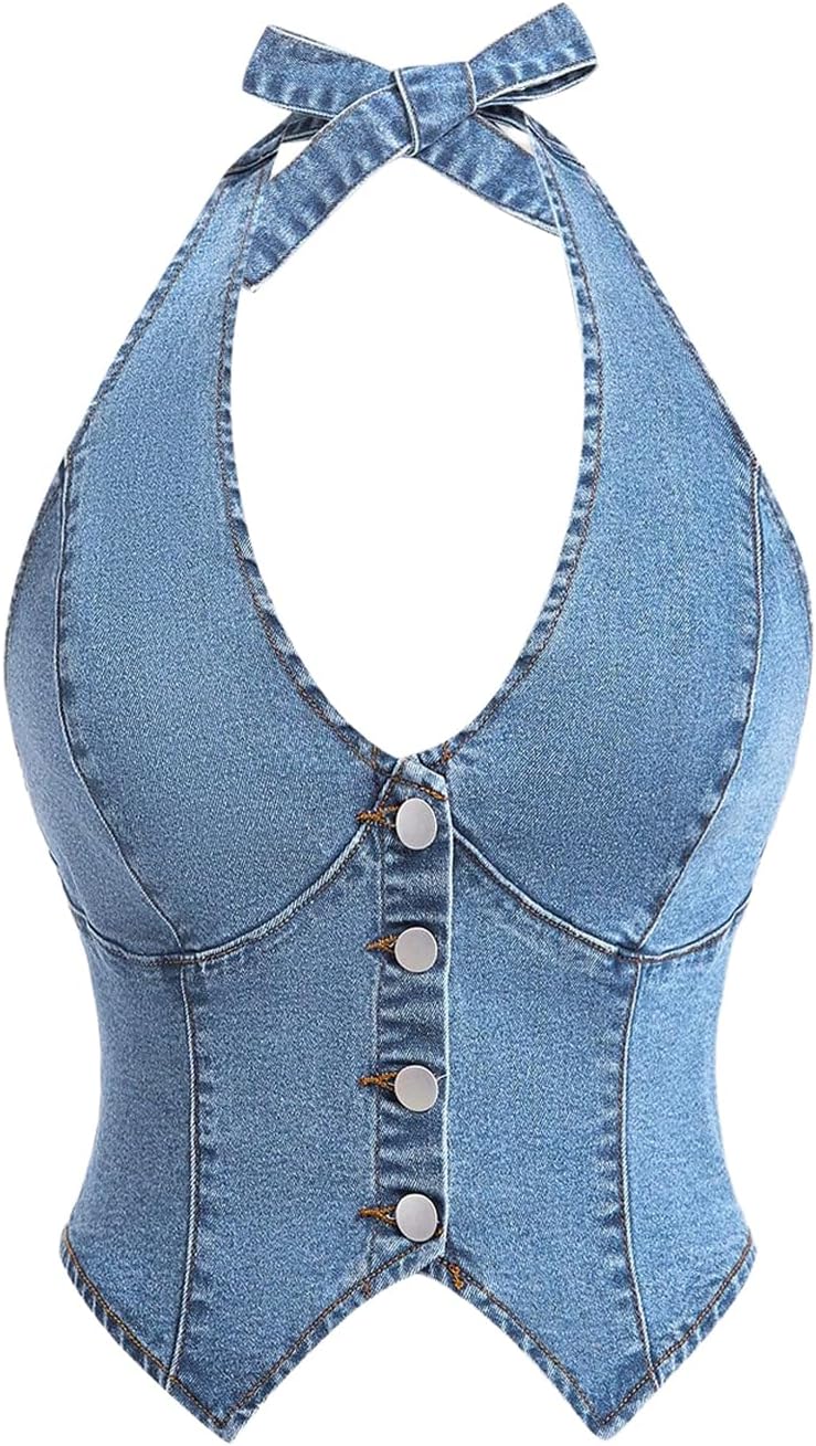 Floerns Women's Halter Denim Tank Top Button Down Backless Party Cropped Jean Tops