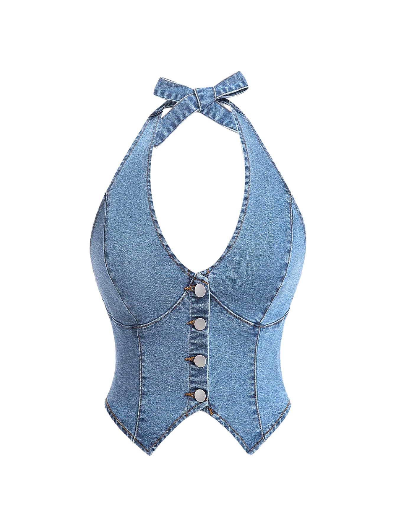 Milumia Womens Denim Halter Top Tie Backless Button Front Slim Fit Vests
