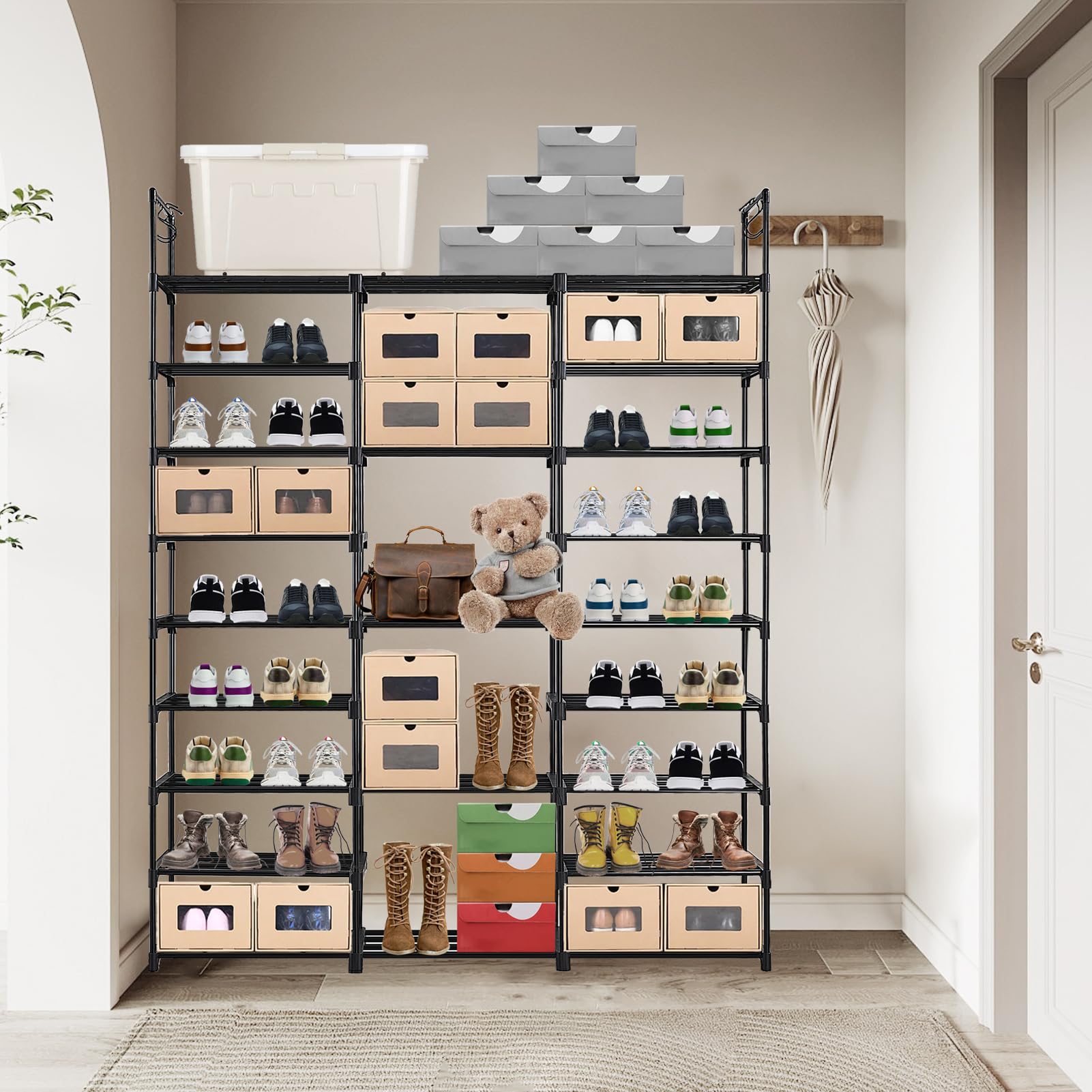 Scarpiera a 9 Livelli, Fai Da Te Porta Scarpe in Metallo con Ganci | può Contenere 50-55 paia di Scarpe e Stivali, Salvaspazio Scarpiera per Ingresso Soggiorno Guardaroba Camera da Letto, Nero