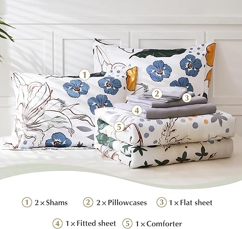 Miniatura 6 de CASAAGUSTO Juego de edredón tamaño Queen juego de edredón floral blanco de 8 piezas con patrón de hojas de flores diseño de sirsaca suave para todas