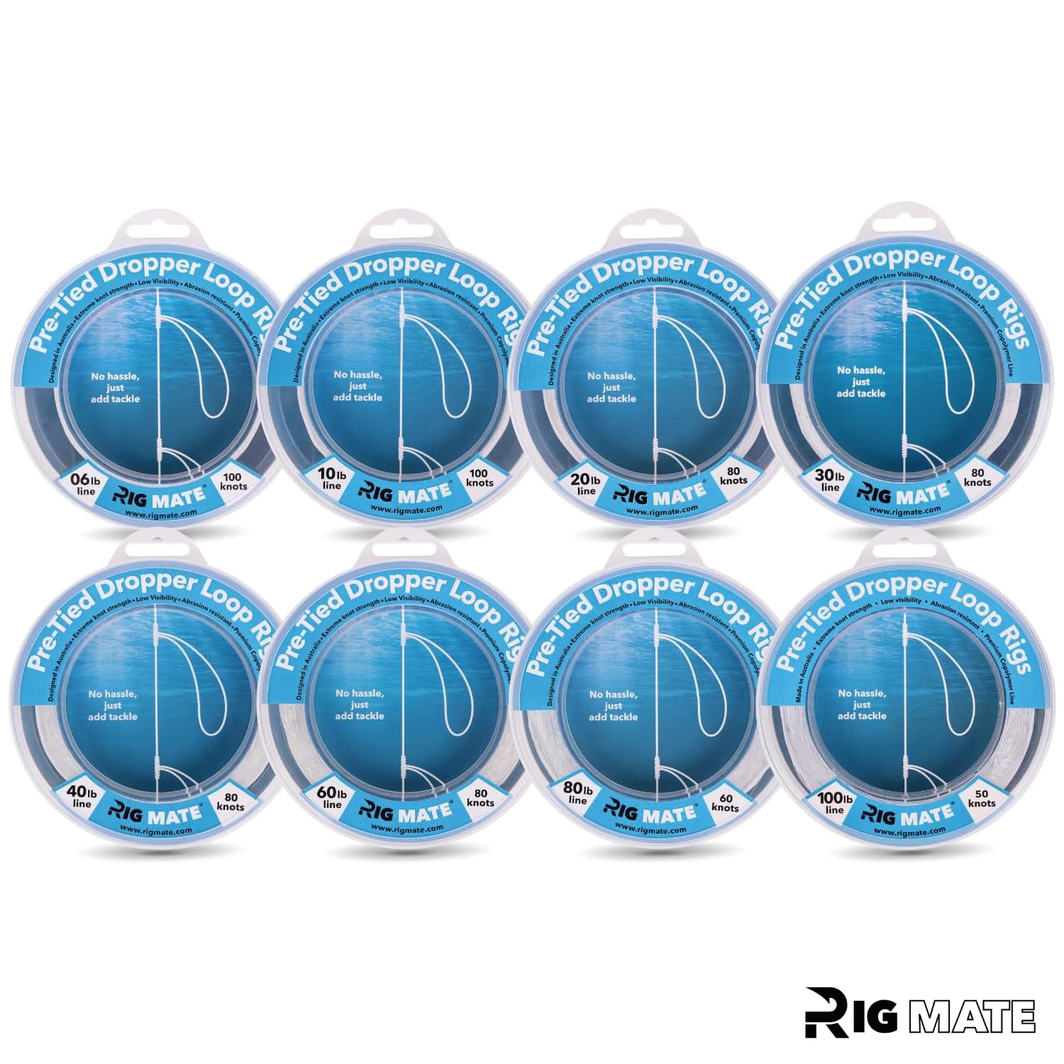 Aparejos de bucle cuentagotas preatados de 80 libras. Carrete de línea de pesca. Bucles de 18 pulgadas de distancia con tamaño de bucle de 5.5 pulgadas. Perfecto para pesca de agua salada y agua dulce