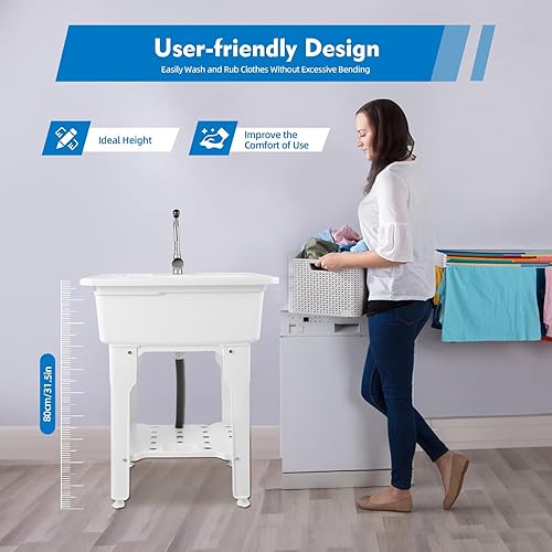 Miniatura 5 de Lemoeyes Fregadero de lavandería independiente, fregadero de plástico con lavadero, bañera de lavandería, manguera de grifo de agua fría y caliente,