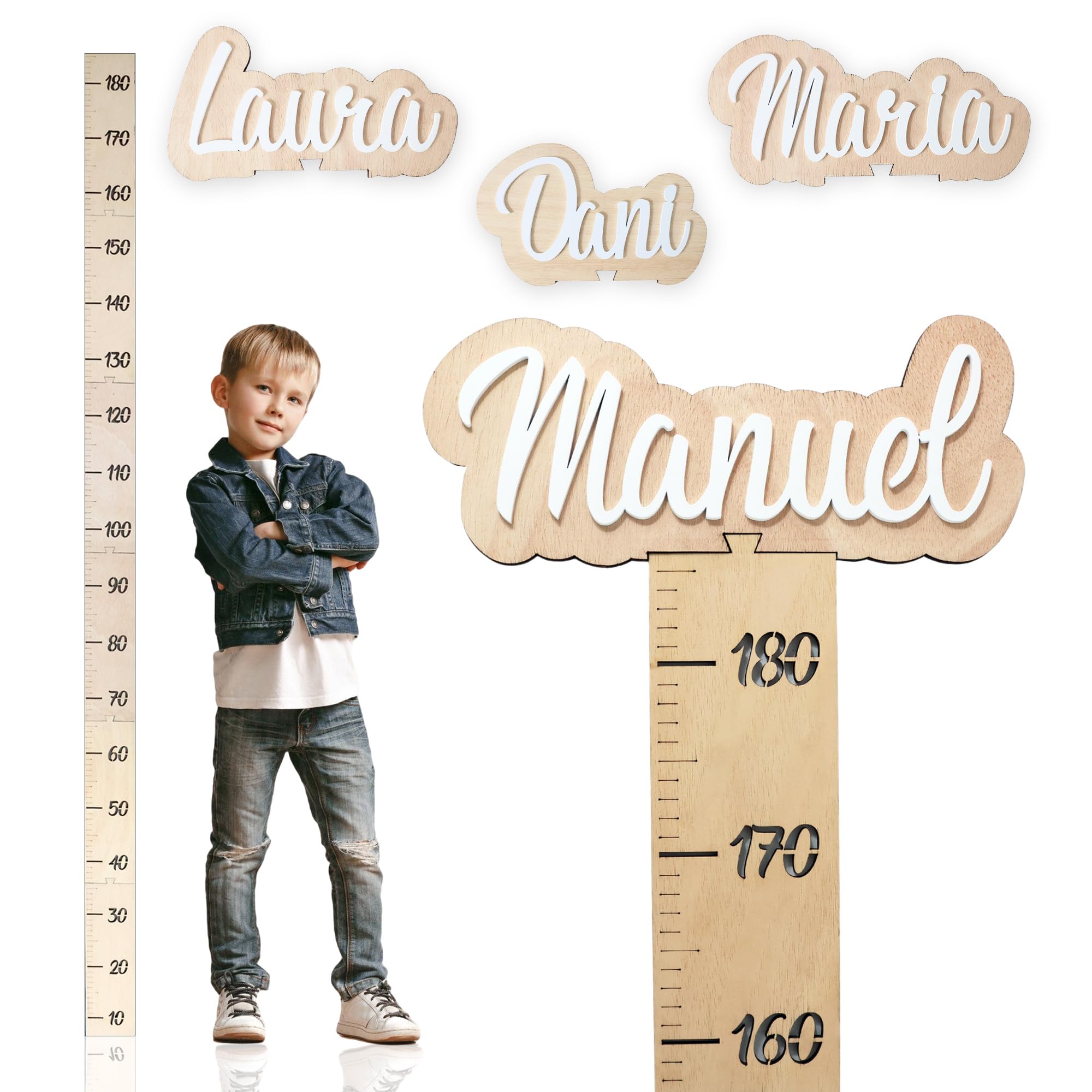 JR Maderas Tabla de Medición para Pared - Tabla de Crecimiento para Niños - Regla de Pared de Madera 160 CM x 180 CM - Regla Personalizada con Nombre - Tabla de Altura de Pared para Guarderia.