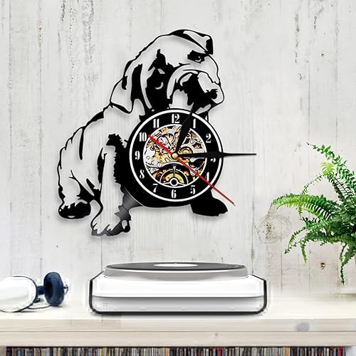Miniatura 4 de ICECHEN Reloj de pared de 118in diseño de bulldog inglés decoración de pared para perro cachorro disco de vinilo reloj de pared reloj de animal