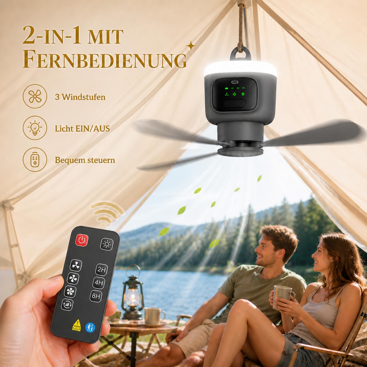 Ventilador de techo con iluminación de 45 cm, batería de 12000 mAh, portátil, ventilador de camping con luz y mando a distancia, temporizador, 3 niveles, recargable por USB, ventilador de exterior