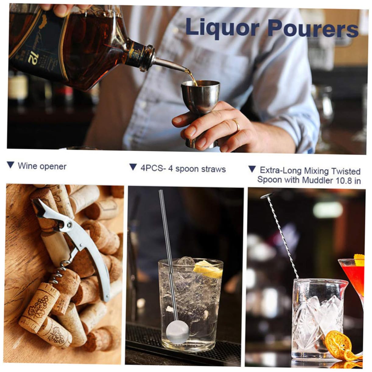5 pezzi Accessori Bartender in Acciaio Inossidabile Misurino Cocktail Cucchiaio e Jigger per Preparazione Drink Resistente Design Moderno ed per Bar e Casa