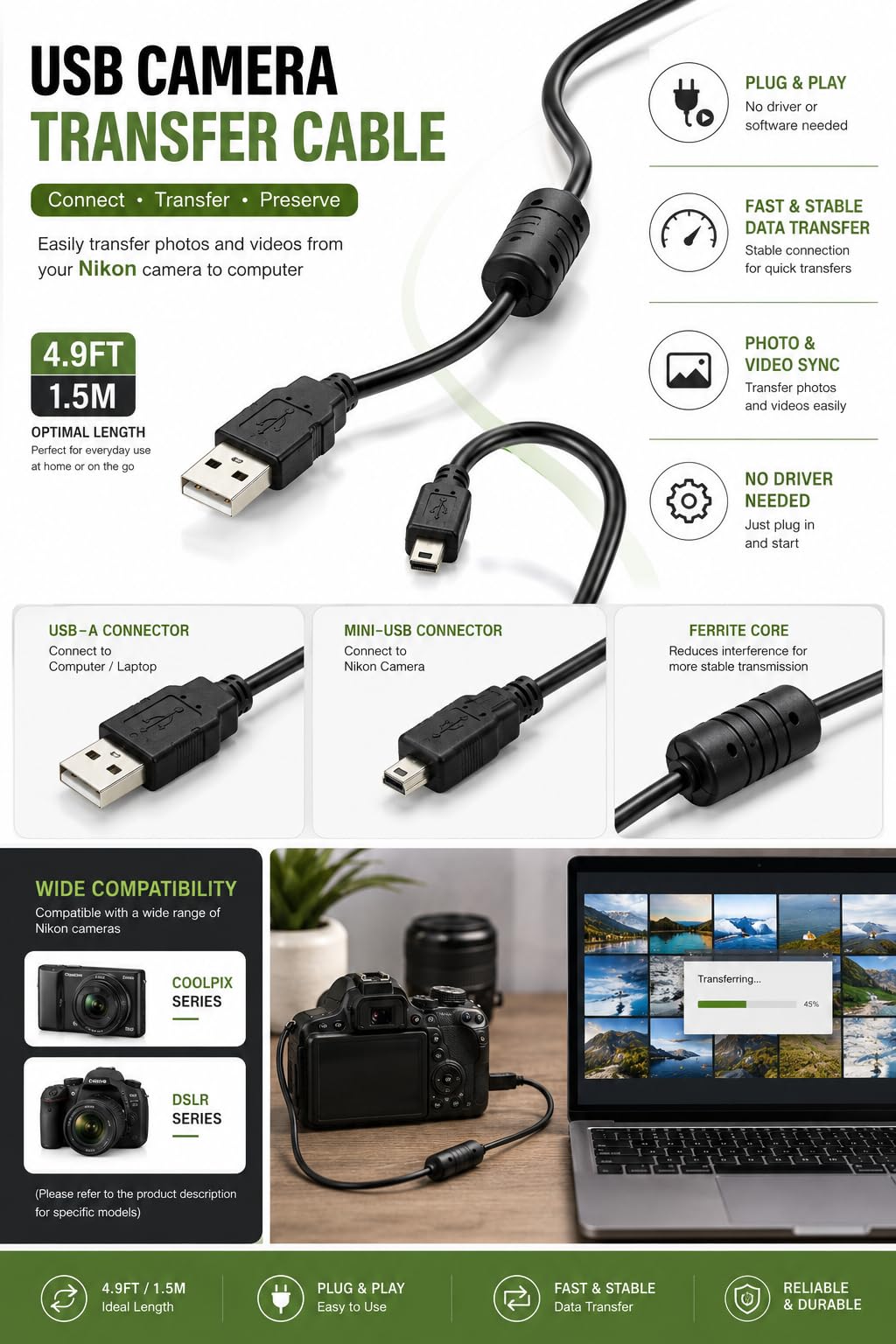 FOX MICRO Replacement USB Camera Transfer Data Sync Cable Cord