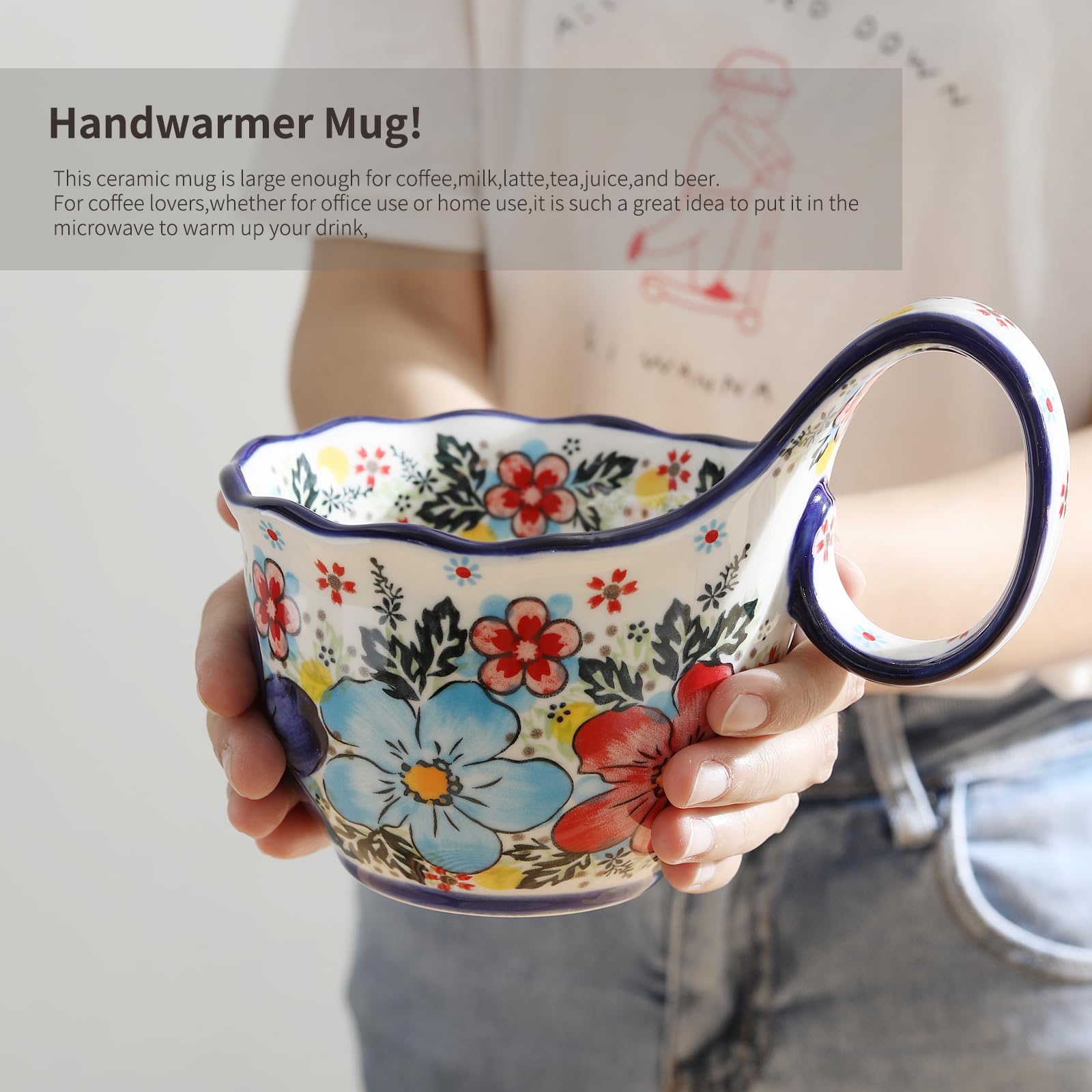 ALMA Mikrowellengeeignete Suppenschüssel mit Schlaufengriff, handbemalt, dekorativer Becher, großer Griff, Keramik-Suppenschüssel für Mutter, Müslischale, ideal für Obst, Chili, Eintopf, Eis, 530 ml