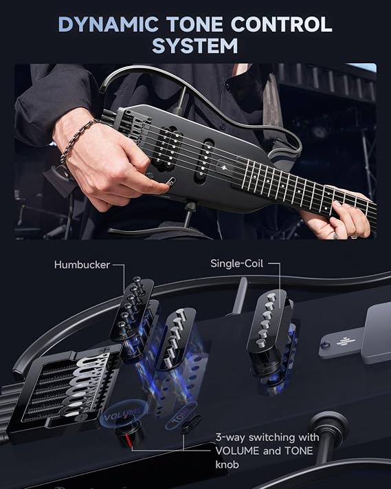 Donner HUSH X Headless Electric Guitar Kit for Travel Practice, Black