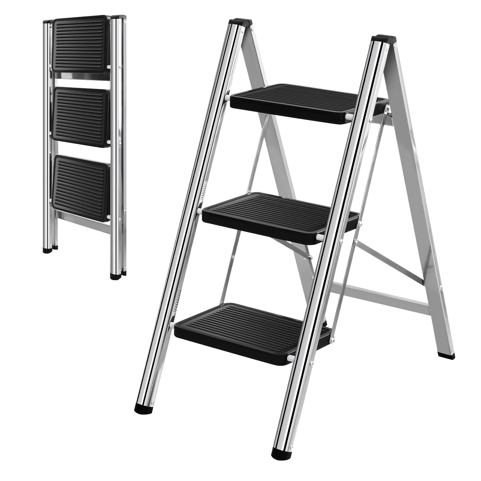 Escalera plegable de 3 escalones, taburete plegable resistente con capacidad de 150 kg