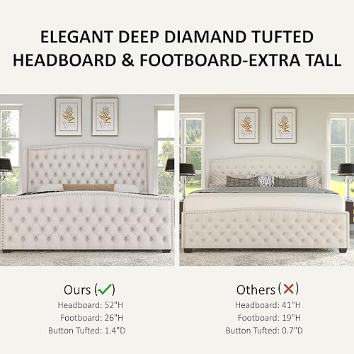 Miniatura 6 de AMERLIFE Base de cama de plataforma tamaño King, cama tapizada en terciopelo con botones profundos y cabecera con alas y ribete de clavos, no