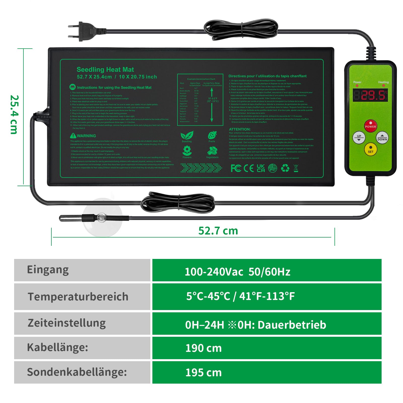 NAMOTEK Tappetino riscaldante per Piante con termostato Digitale e Set da 5 vaschette per Semina – Controllo della Temperatura per germinazione e propagazione delle Piante – Standard Met