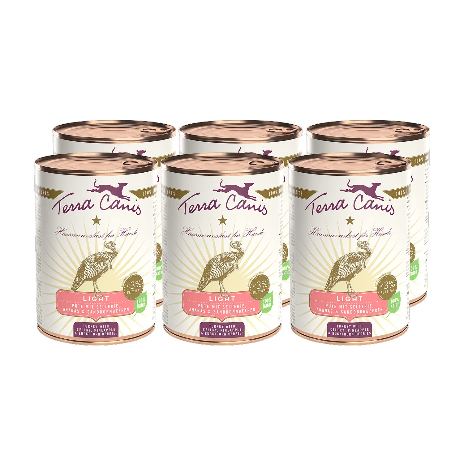Terra Canis Light Lot de 6 boîtes de pâtée pour Chien en véritable qualité Alimentaire avec Dinde, céleri et Ananas I 6 x 400 g Réduction de Calories et de Graisses et sans céréales et sans Gluten