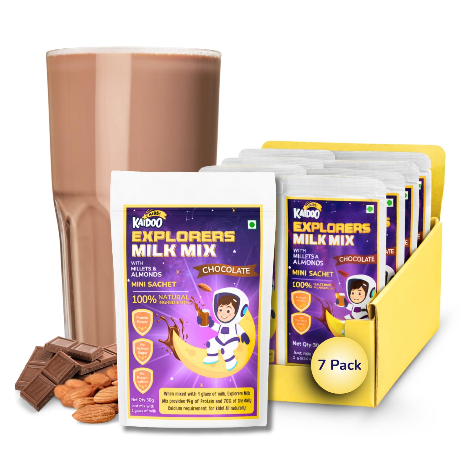 Kaidoo Kids Explorers Milk Mix Chocolate Flavour - 7 Sachets Trial Pack - 100% Natural, Millets, Nuts, Pulses, No Malt, No Refined Sugar, High Protein-image-12