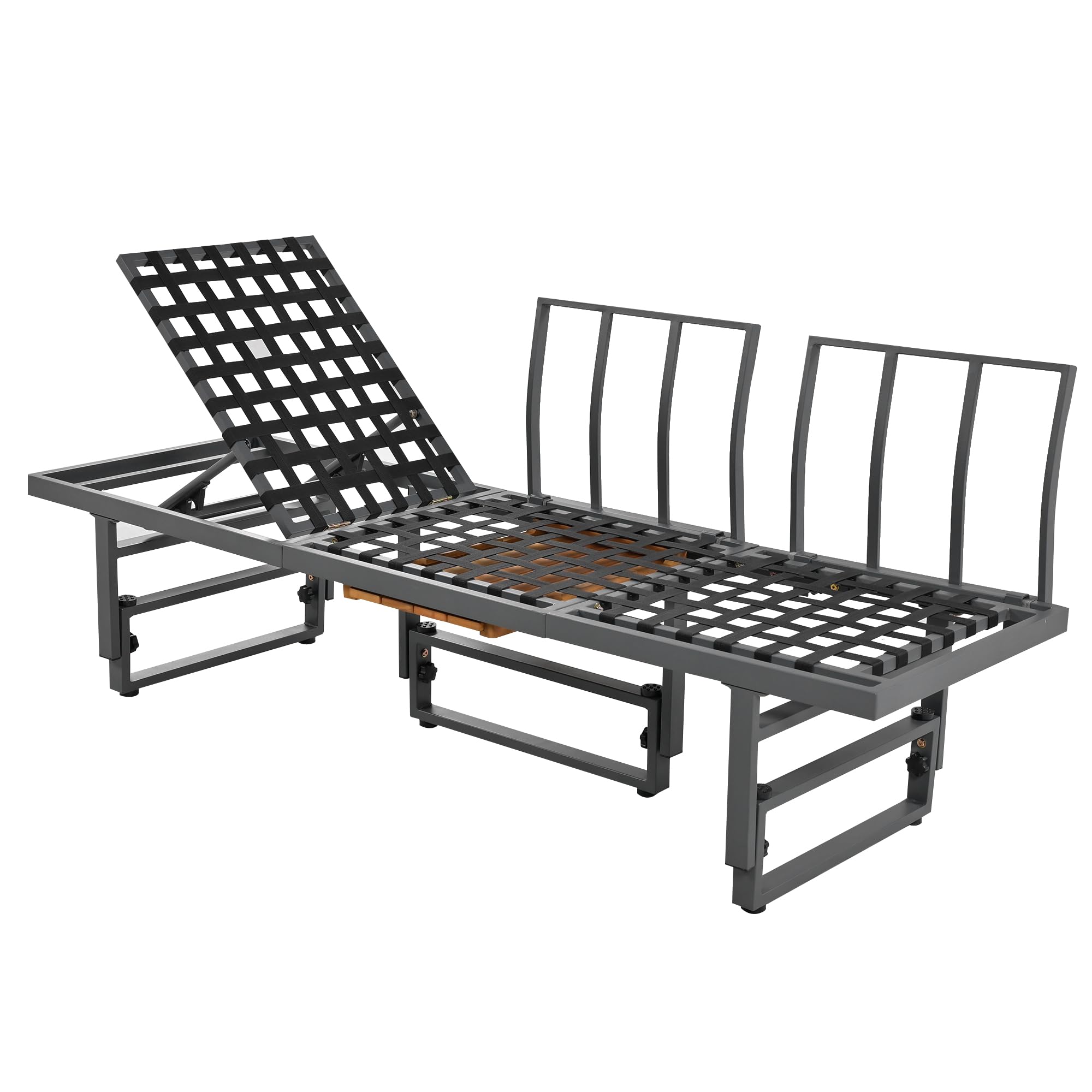Juego de muebles de jardín de 3 piezas, color gris, con 2 sofás, mesa, estructura de hierro con recubrimiento en polvo, respaldo ajustable, madera de acacia, mesa ajustable, incluye todos los