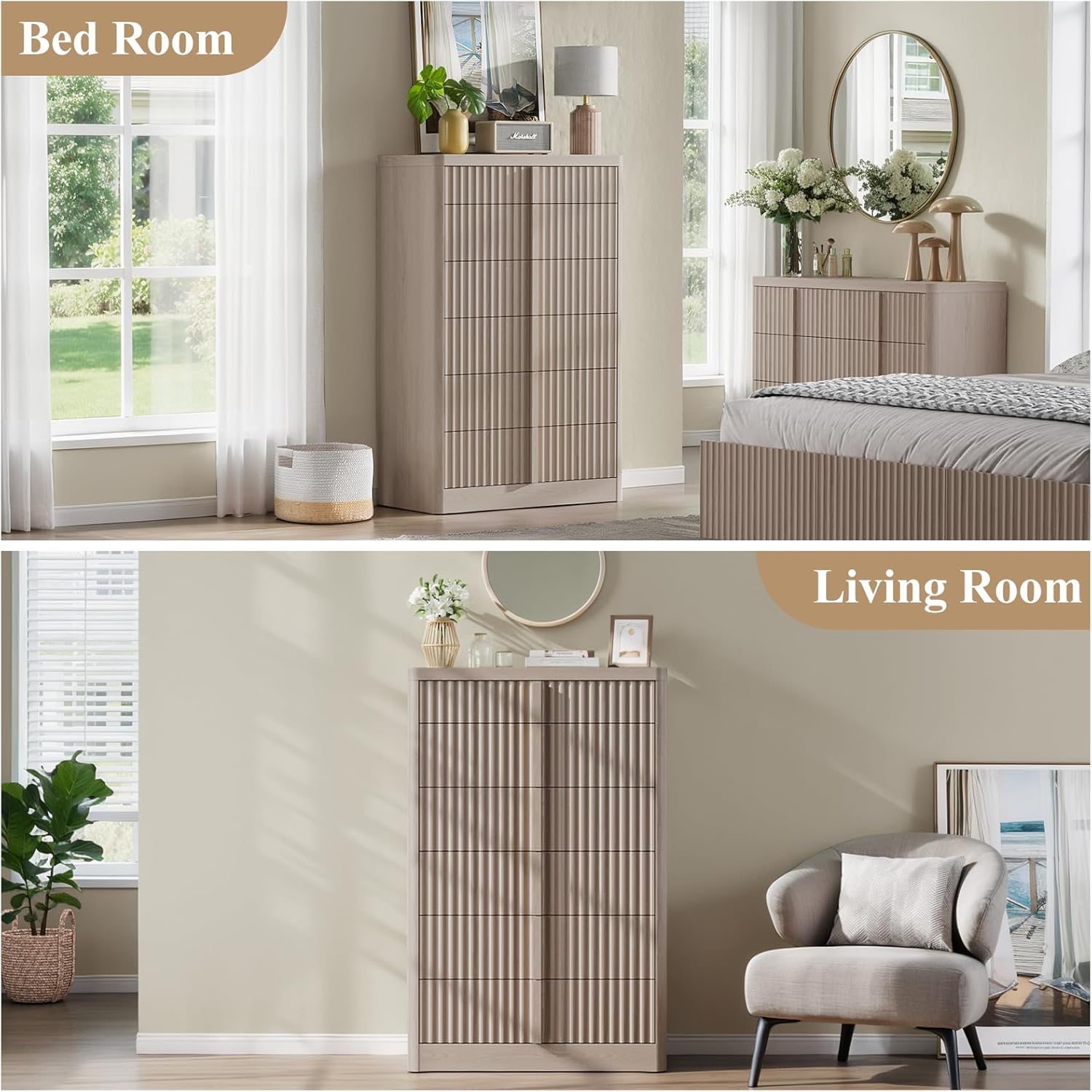 Fluted Dresser for Bedroom, 48" Tall 6 Drawer Dresser, Modern Chest of Drawers with Solid Wood Handle, Curved Profile Design, Wood Dressers Storage Organizer,Bedroom, Living Room, Hallway, White Alder - Image 5