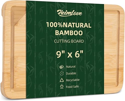 Heimlove Mini tabla de cortar de bambú de 9 x 6 pulgadas, pequeñas tablas de cortar de madera para charcutería de cocina con ranura para jugo y