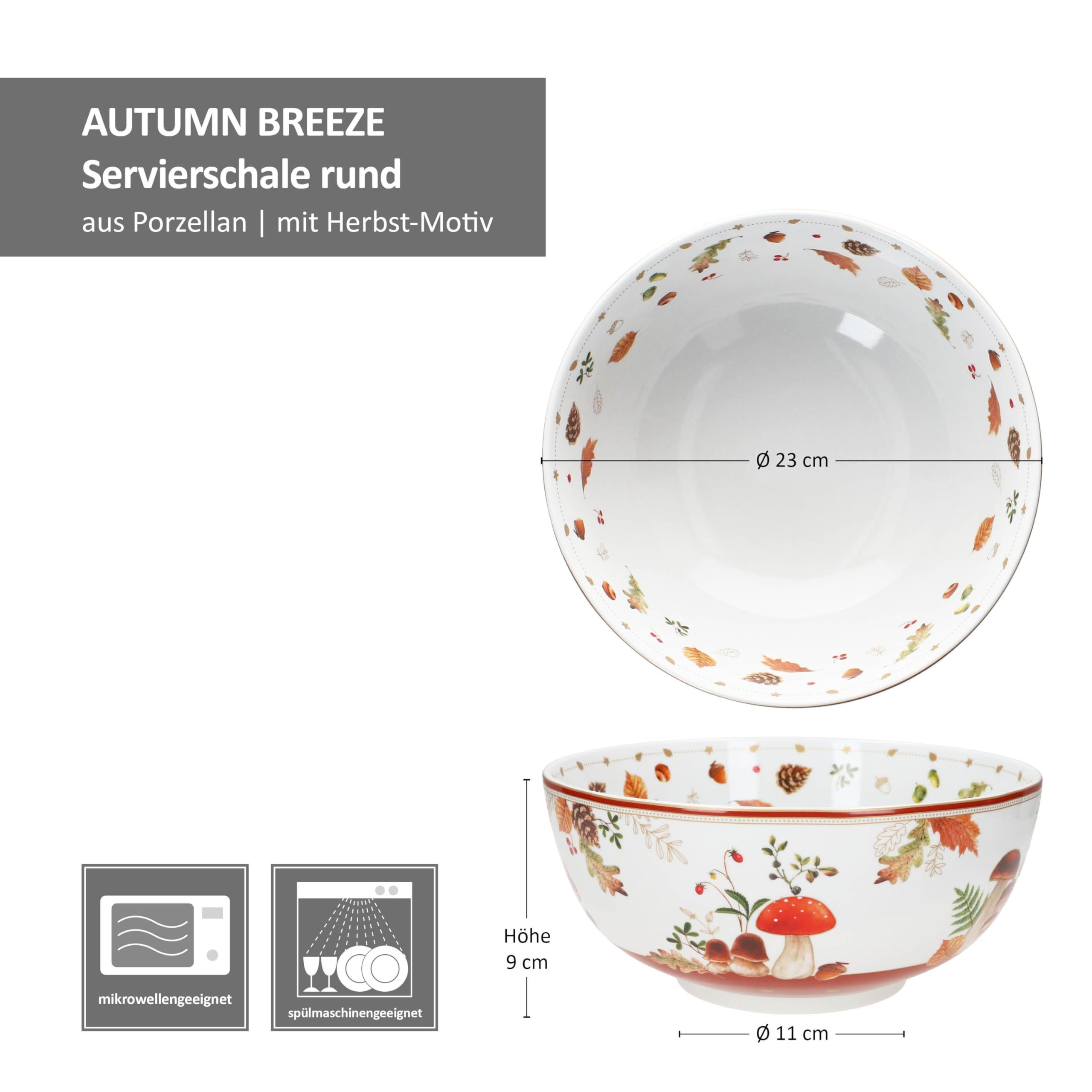 MamboCat Autumn Breeze - Ciotola da portata rotonda, diametro 23 cm, in porcellana, bianca con decorazione a fungo, insalatiera, ciotola per pasta, per autunno, buffet e tavola