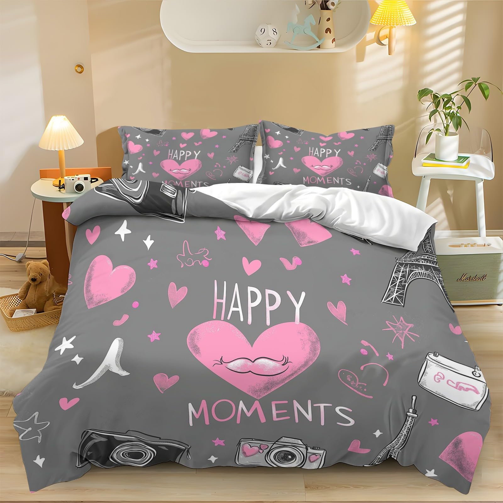 Autumn and winter duvet cover Doodle Heart Lips Fall Bed Cover Set Easy Care and Breathable Pink Microfiber Set for Boys Youth Woman Man Gift 135 x 200 cm