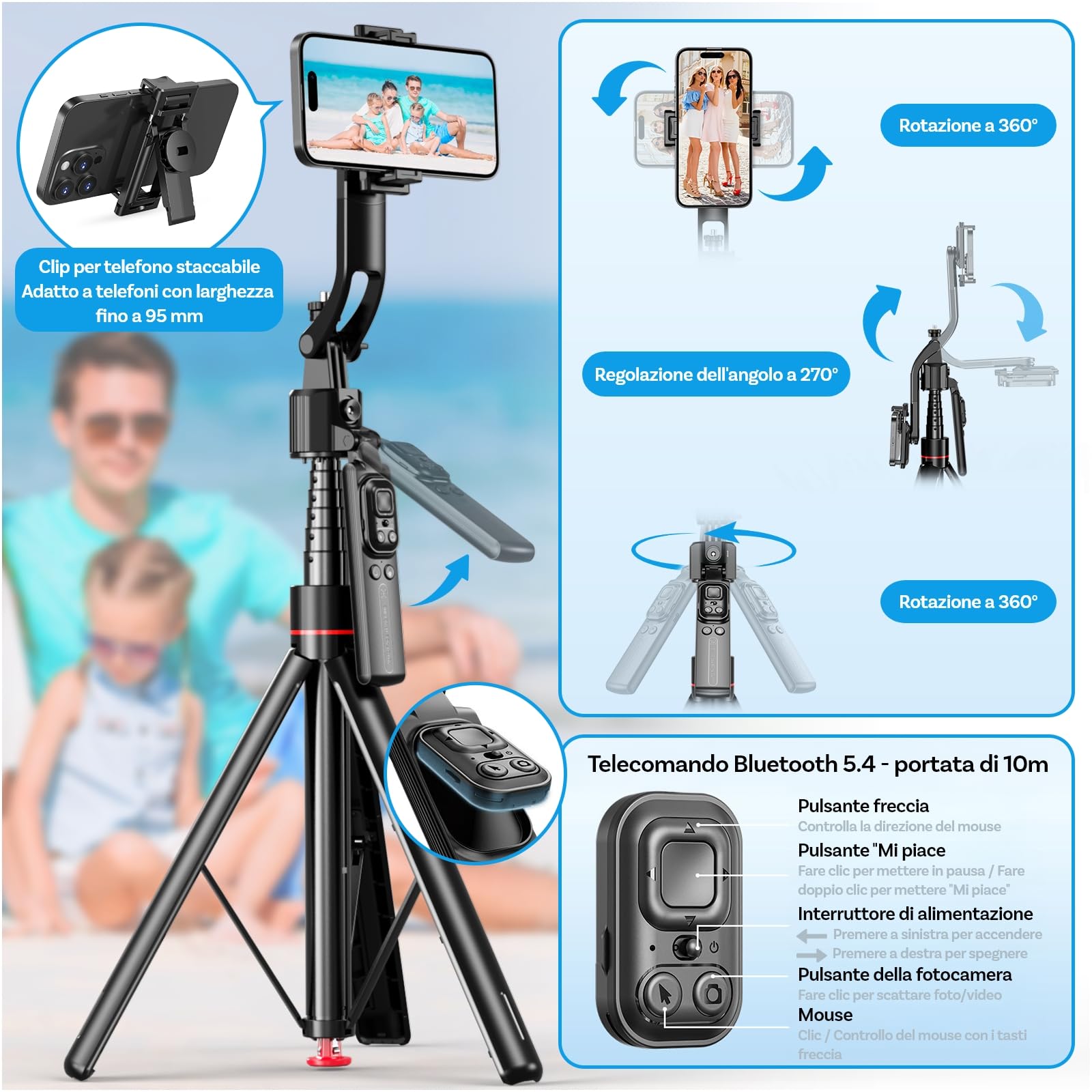 Treppiede per Tracciamento Automatico del Volto di MMOBIEL – 360° Rotazione AI con Controllo Gesti, Bluetooth 5.4 e Telecomando - Estendibile 1,76m, Treppiede Auto-Apertura per iPhone, Android, GoPro