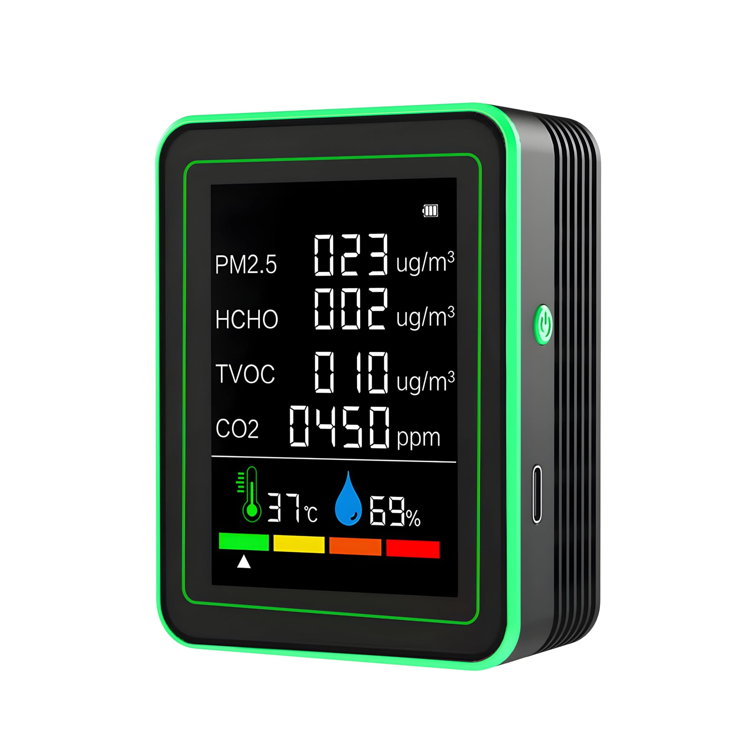 Portable Air Quality Monitor with 2.8" HD Display - Indoor CO2, PM2.5, HCHO, TVOC Detector with Temperature & Humidity Sensors, Rechargeable Batteryand Color - Coded Alert