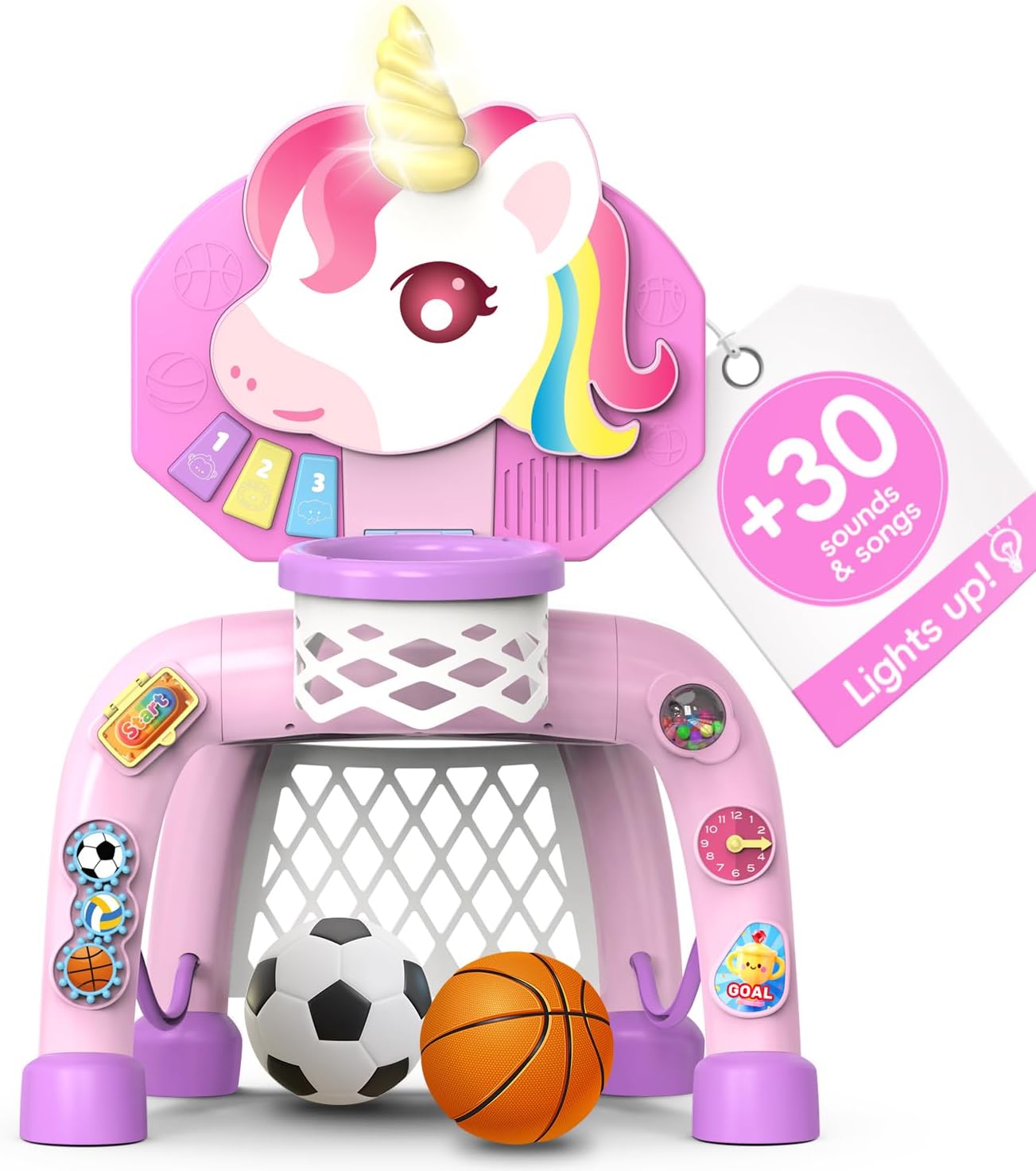 Toddler Basketball Hoop & Soccer Goal， Baby Toy for 1 2 3 Year Old Girls, Kids Activity Center Toys with Light & Music,Unicorn Toys for Girls 12-18-36 Months, Christmas Birthday Gifts for Ages 1-3