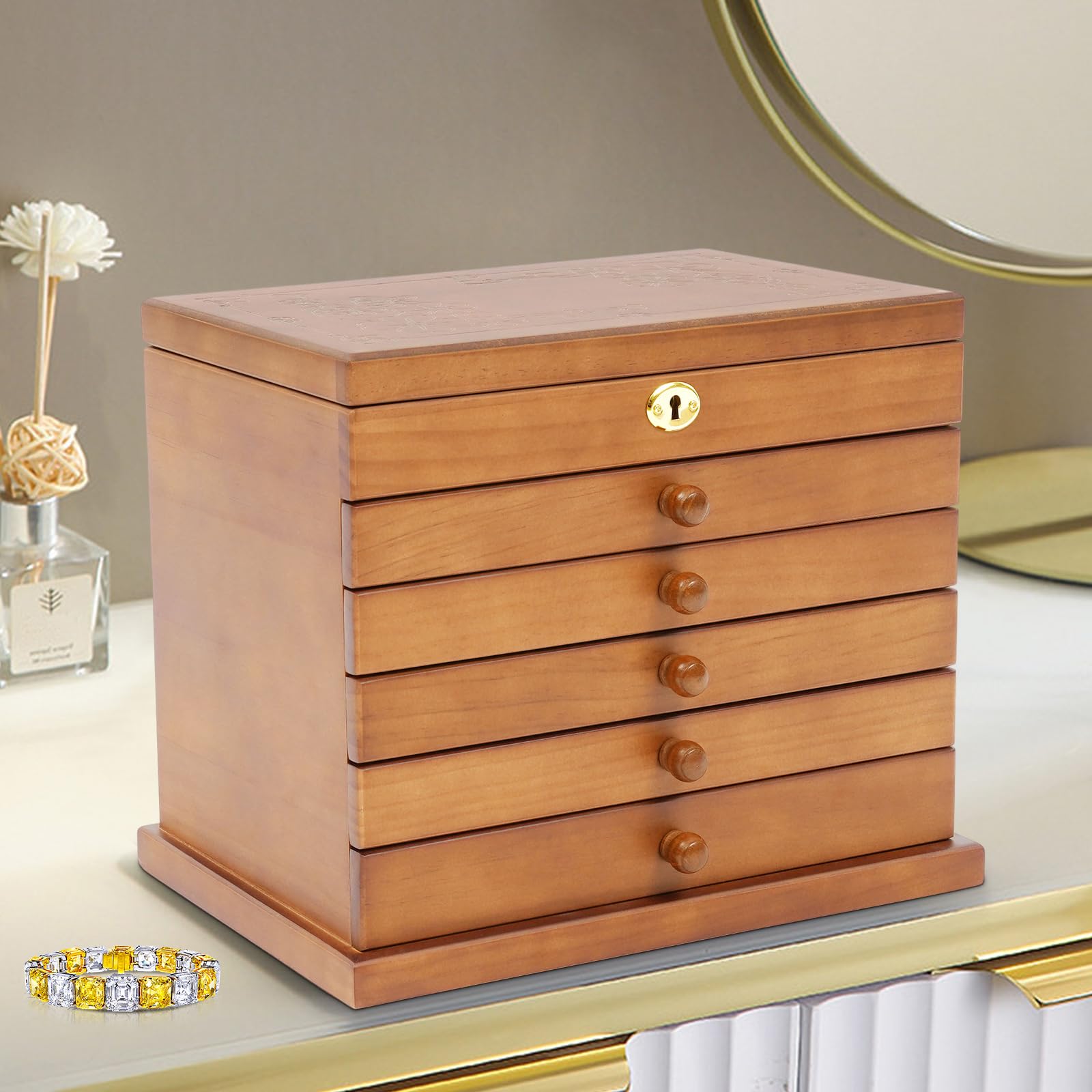 Organizer na biżuterię z 6 szufladami w stylu vintage, aksamitna szkatułka na biżuterię z drewna, rzeźba, styl chiński, szkatułka na biżuterię z lustrem i zamkiem