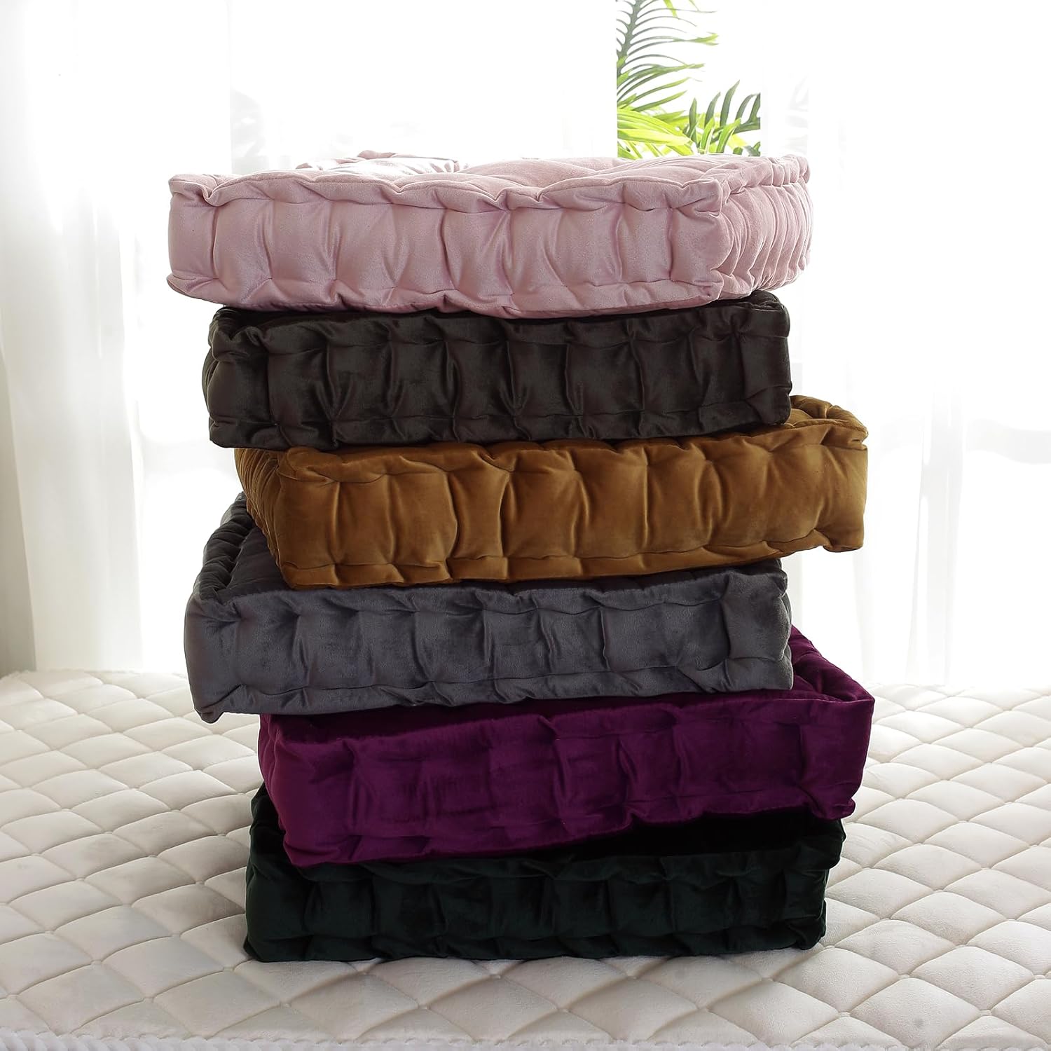 vctops Square Solid Color Velvet Seat Cushion with Handle Tufted Thicken Chair Pad Tatami Floor Pillow Cushion 16.5"x16.5"x4" Grey
