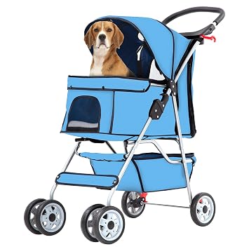 4 Wheels Dog Stroller for Medium Dogs, Pet Stroller for Small Dogs, Cat Stroller with Liner Storage Basket and Cup Holder, Travel Folding Carrier with Sun Shade-Blue