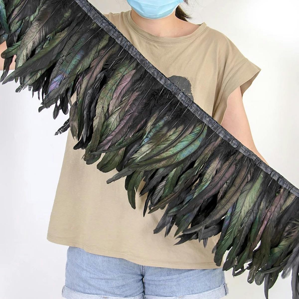 2 Meter Hahn-Hühnerfedern-Besatz für Heimwerker, Karnevalsdeko, lang, farbig, Hochzeitskleid-Deko, Kleidungszubehör, goldfarben, 25–30 cm