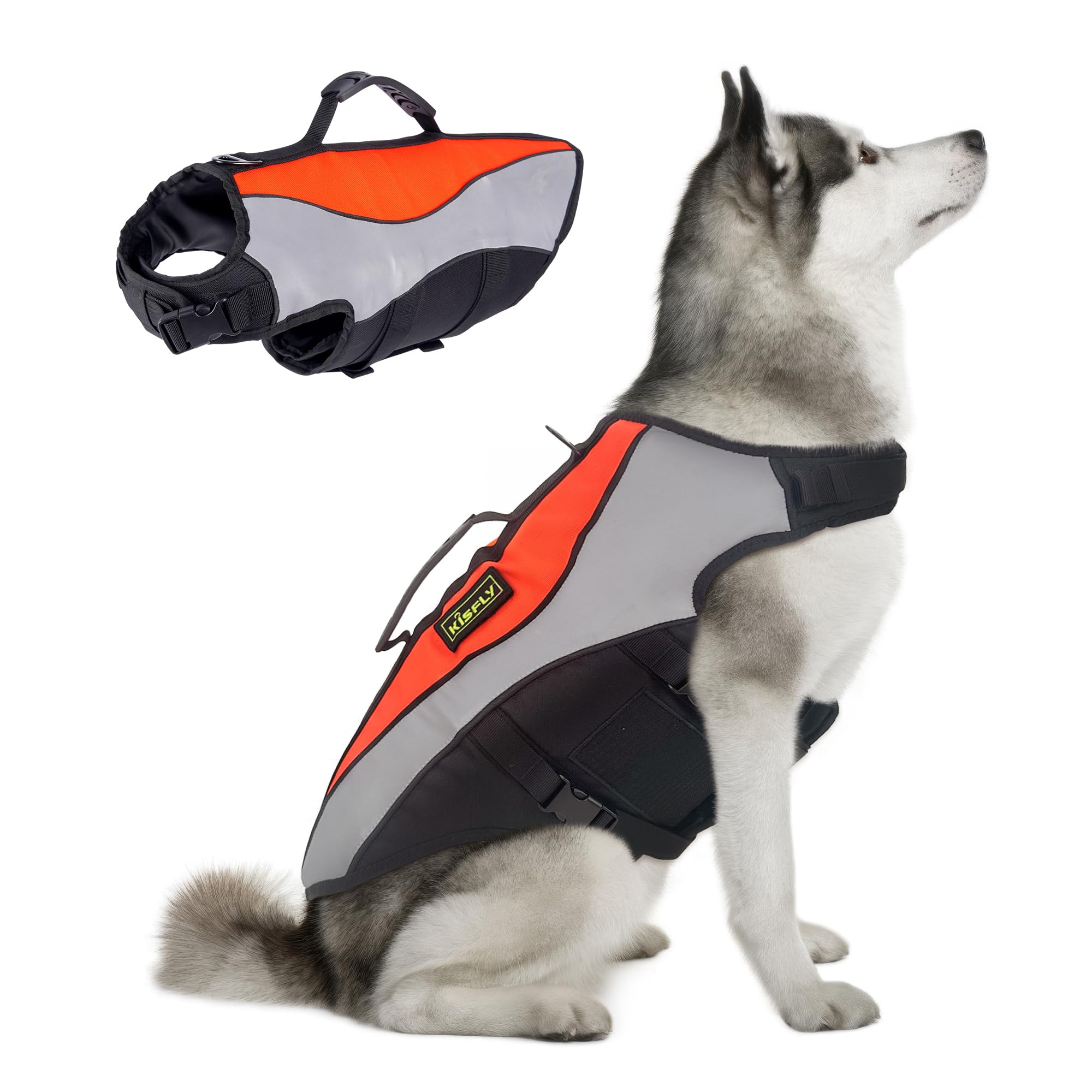 Large Dog Life Jacket with Rescue Handle - Large Reflective Adjustable Dog Flotation Vest, High Buoyancy Pet Swim Gear for Boating, Pool Safety(L,