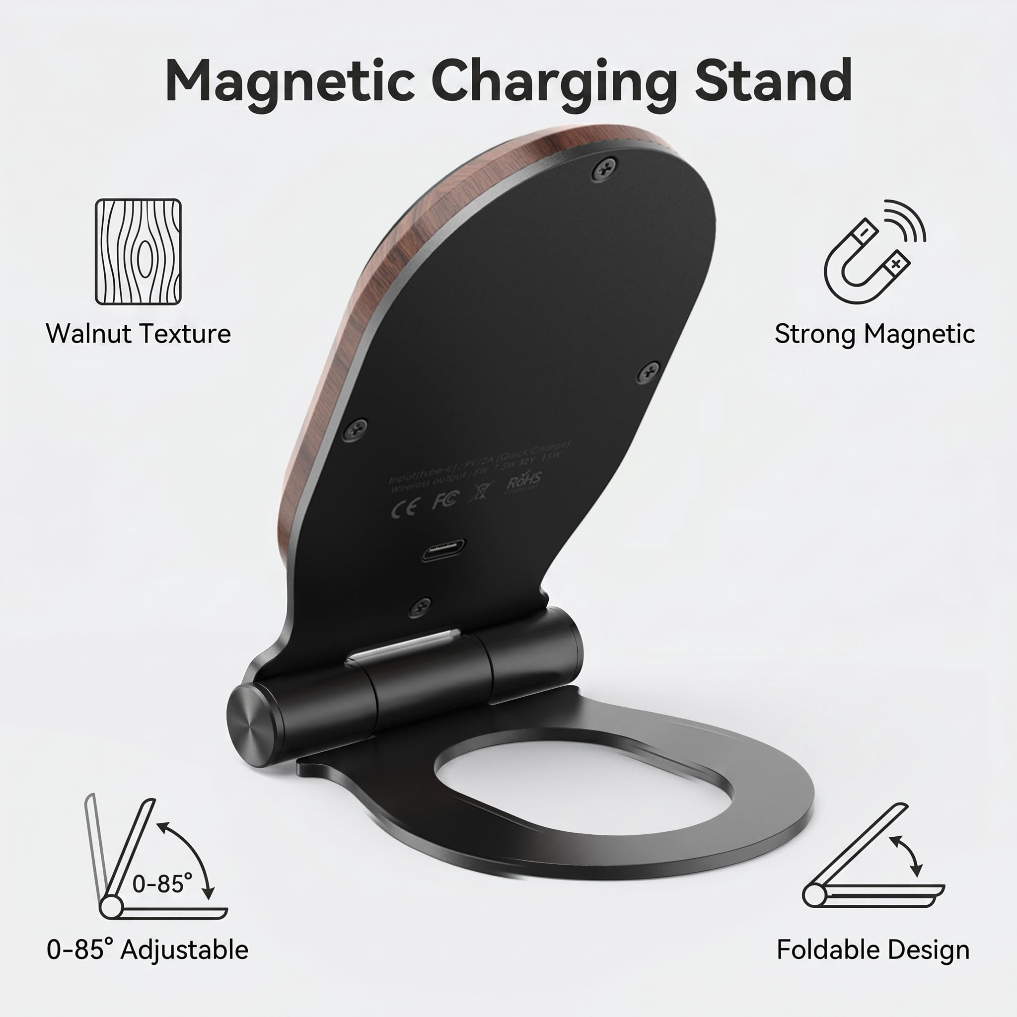 Soporte magnético de madera de nogal, base de carga rápida plegable de 15 W con ángulo ajustable de 0 a 85°, compatible con MagSafe para iPhone 17/16/15/14/13/12, decoración de escritorio y