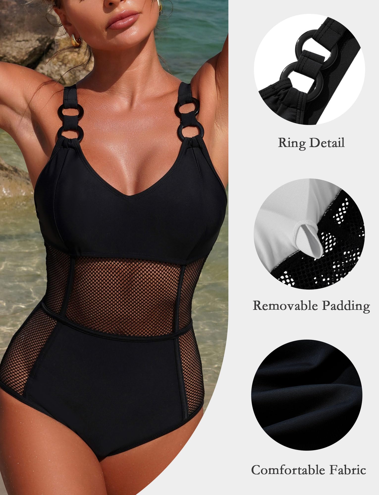 Maeau - Costume da bagno da donna sexy con scollo a V con scollo a V e pancia piatta in rete, push up, tuta da nuoto S-XL