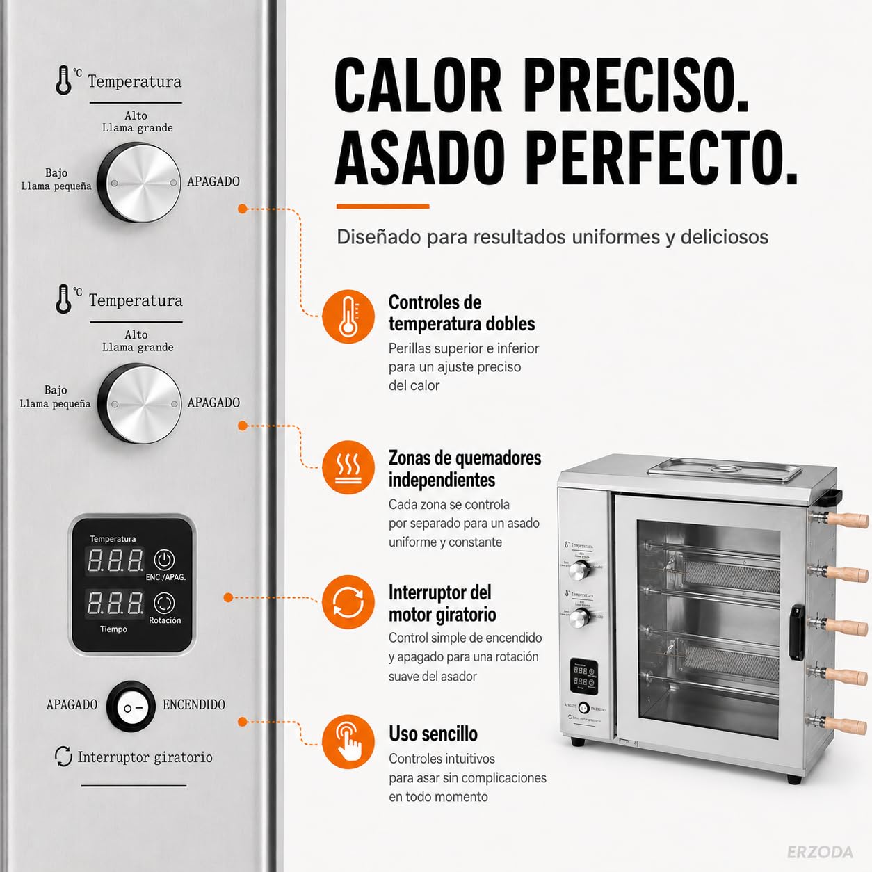 Asador de Pollos Profesional a Gas GLP, Horno Rotativo de Sobremesa con 5 Brochetas, Acero Inoxidable y Puerta de Vidrio