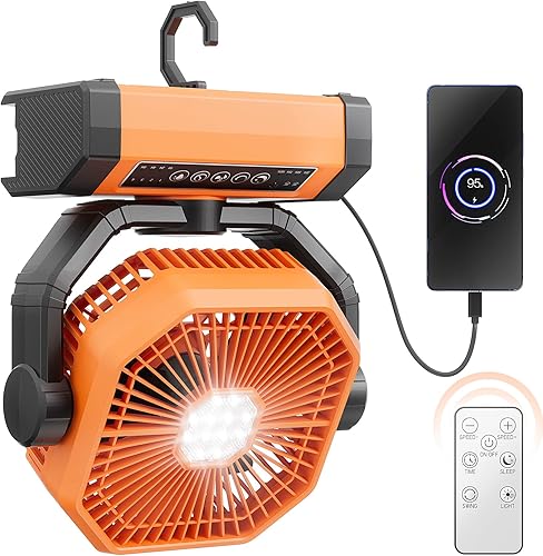 MORIKO - Ventilador de campamento de 20000 mAh con linterna LED, ventilador de batería con control remoto y gancho, pivote de 270, oscilación de 90,