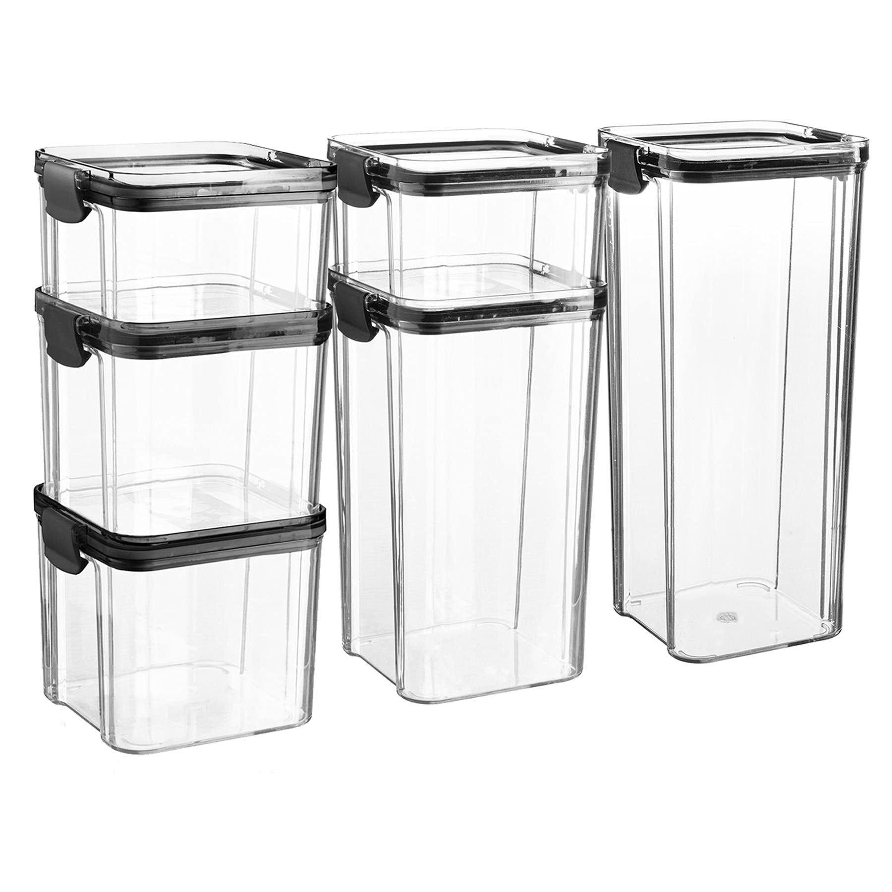 6pc Food Storage Containers Set - 4 Sizes - Reusable Airtight Clip-Top - Black Plastic - Argon Tableware