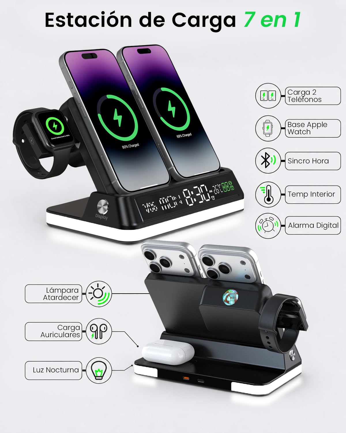 Estación de Carga Inalámbrica 7 en 1 con Reloj Auto-Sync Luz de Noche Atardecer, Cargador Inducción Mesita de Noche para iPhone 18 17 16 15 14 13 Pro MAX para Apple Watch para AirPods 4 3 2 Pro