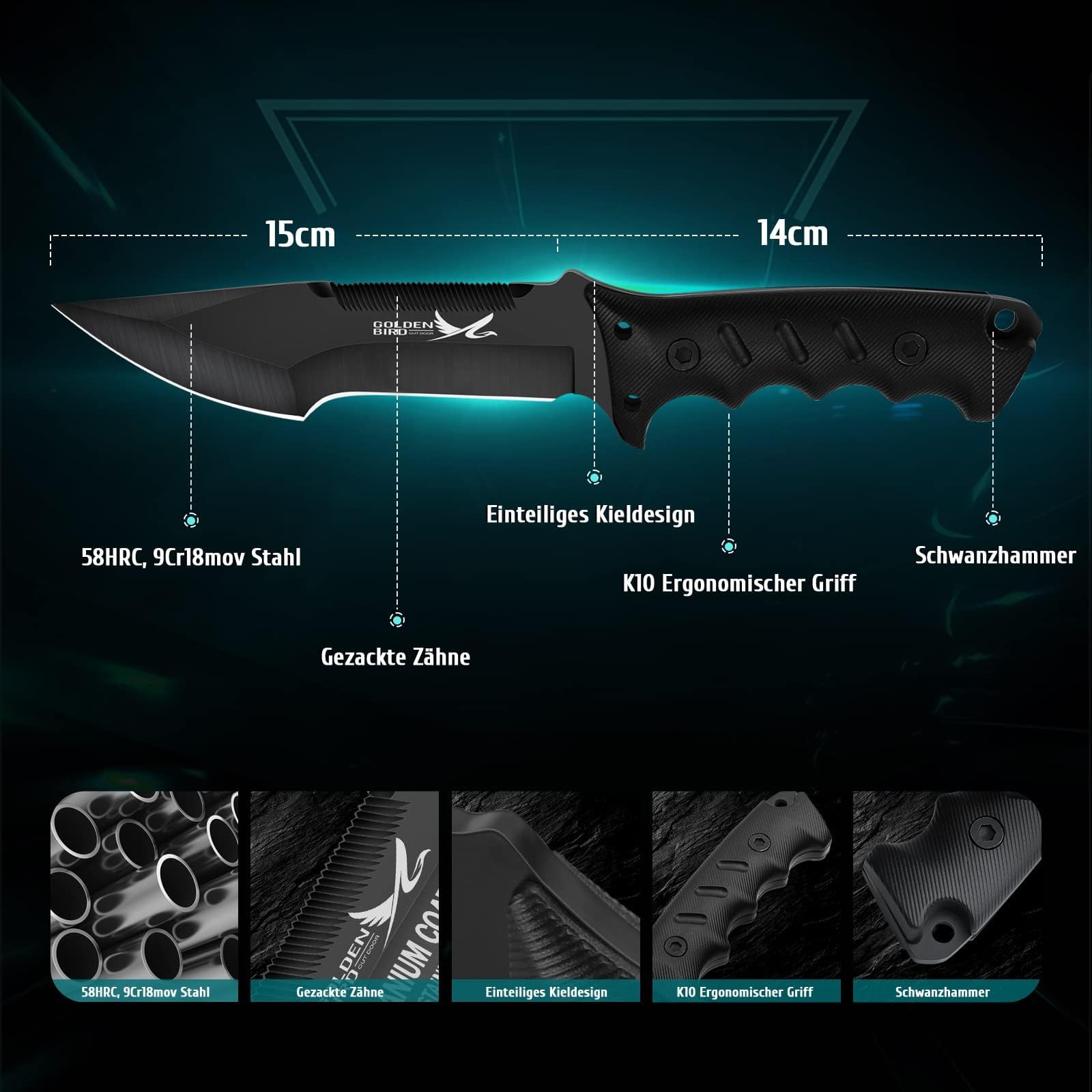 Golden Bird Outdoor Messer Survival Schwarz 2 IN 1 Jagdmesser Feststehende Klinge mit Oxfordscheide - 58HRC 9CR18MOV Stahl Bushcraft Messer Full Tang Survival Messer mit säge - Geschenke für Männer