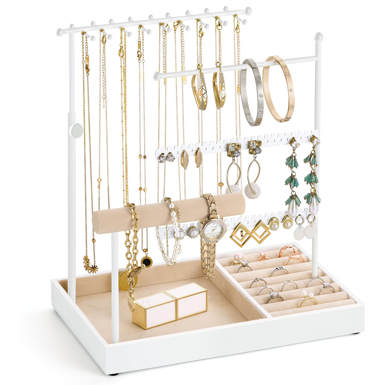 Emibele Porta Joyas de Pie, Organizador de Accesorios para Collares, Pendientes y Pulseras, Exhibidor de 5 Niveles con Bandeja, Presentador Elegante para Regalo Mujer, Blanco